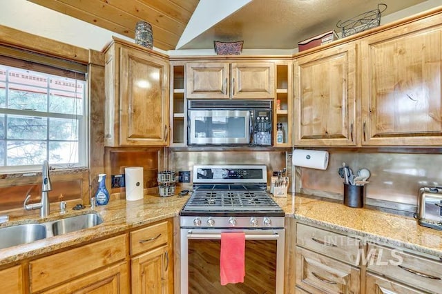 kitchen featuring a sink, stainless steel appliances, vaulted ceiling, backsplash, and light stone countertops