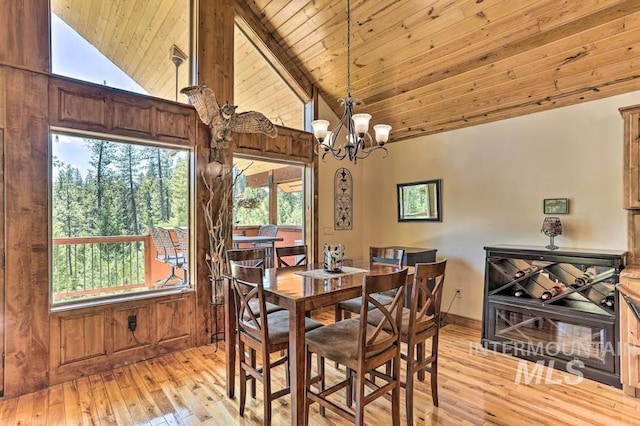 dining area featuring wood ceiling, a notable chandelier, baseboards, and light wood-style floors