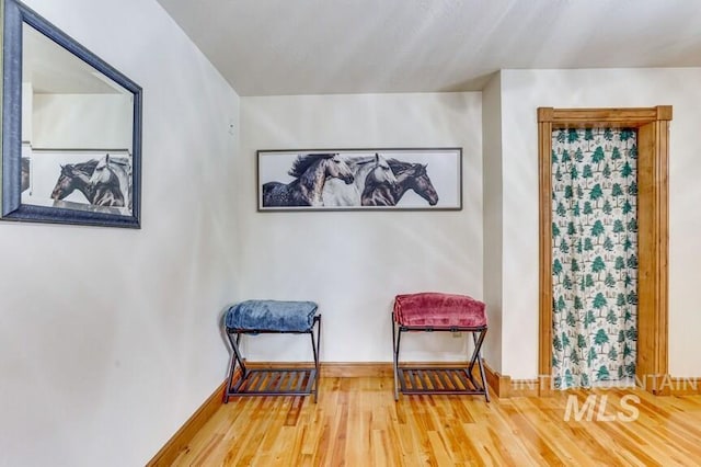living area featuring baseboards and wood finished floors
