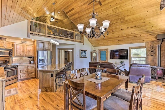 dining space featuring ceiling fan with notable chandelier, a wood stove, high vaulted ceiling, wooden ceiling, and light wood-style flooring