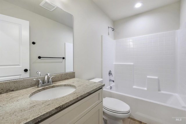 full bath featuring vanity, toilet, recessed lighting,  shower combination, and visible vents