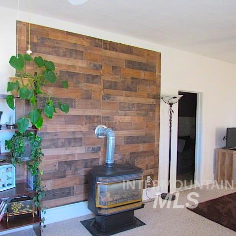 details with carpet flooring, a wood stove, and wood walls