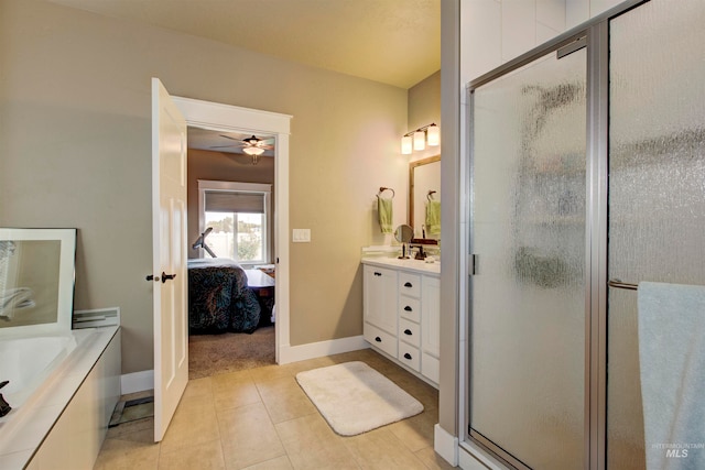 bathroom featuring vanity, ceiling fan, tile patterned floors, and shower with separate bathtub