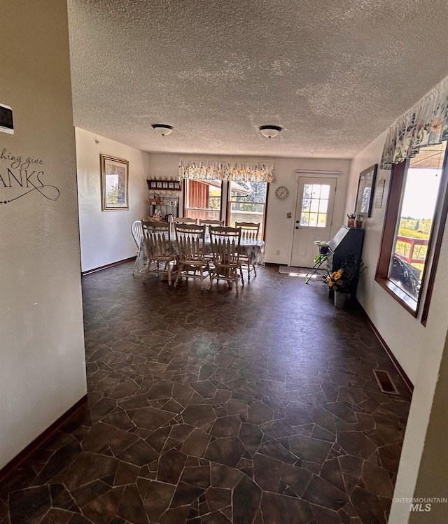170 Red Fir Rd, Kooskia, ID 83539 - dining area with baseboards, a textured ceiling, and stone finish floors