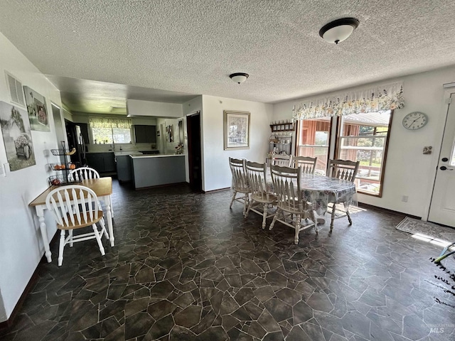 170 Red Fir Rd, Kooskia, ID 83539 - dining space featuring stone flooring, a textured ceiling, and baseboards