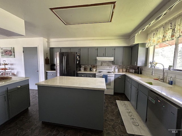 170 Red Fir Rd, Kooskia, ID 83539 - kitchen featuring white electric range, dishwasher, a sink, freestanding refrigerator, and gray cabinets