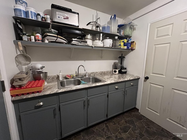 170 Red Fir Rd, Kooskia, ID 83539 - kitchen with open shelves, a sink, gray cabinetry, and light countertops