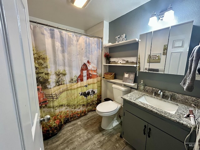 170 Red Fir Rd, Kooskia, ID 83539 - bathroom with wood finished floors, toilet, vanity, and curtained shower