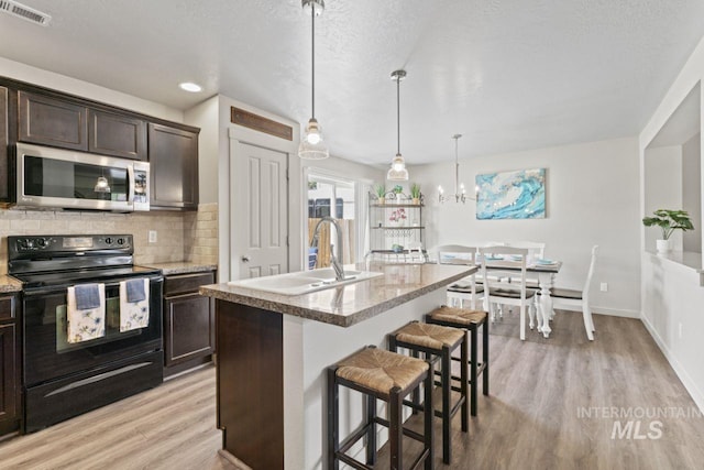 4249 W Farlam Dr, Meridian, ID 83642 - kitchen featuring stainless steel microwave, black electric range, a sink, light wood-style floors, and dark brown cabinets