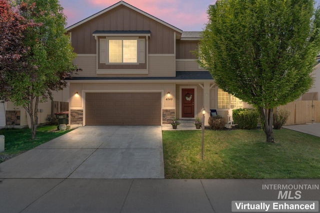 4249 W Farlam Dr, Meridian, ID 83642 - view of front facade featuring board and batten siding, an attached garage, driveway, and stone siding