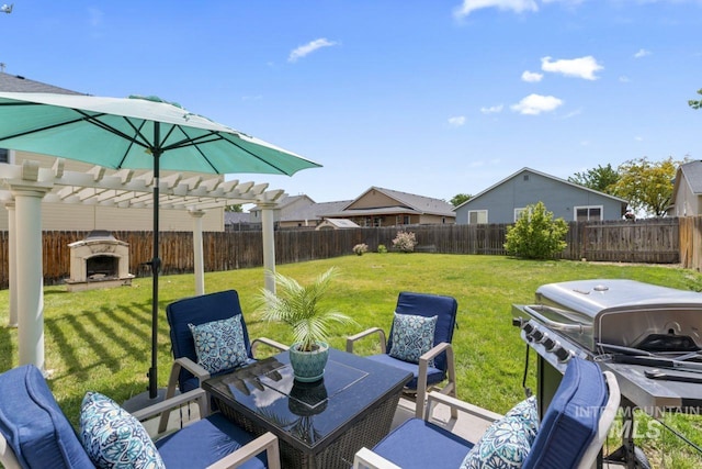 4249 W Farlam Dr, Meridian, ID 83642 - view of patio with a pergola, a grill, and an outdoor living space with a fireplace