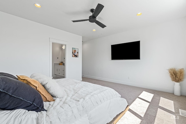2398 N Klemmer Ave, Kuna, ID 83634 - bedroom with recessed lighting, carpet flooring, ceiling fan, and ensuite bathroom