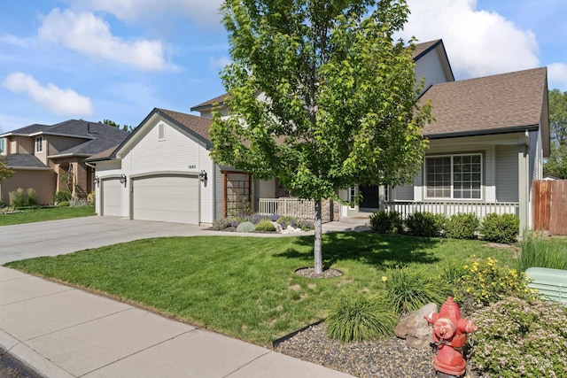 1992 S Elkhound Ave, Meridian, ID 83642 - obstructed view of property with an attached garage, covered porch, concrete driveway, and a shingled roof