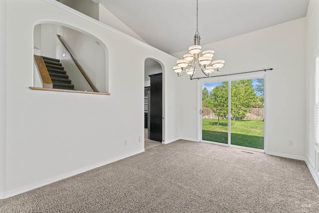 1992 S Elkhound Ave, Meridian, ID 83642 - empty room with a chandelier, carpet flooring, lofted ceiling, and baseboards