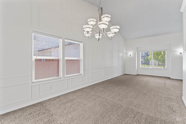 1992 S Elkhound Ave, Meridian, ID 83642 - unfurnished room featuring lofted ceiling, a chandelier, carpet, and a decorative wall