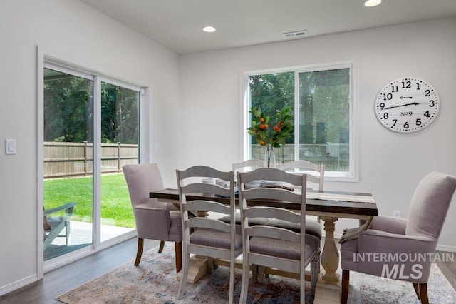 dining space with wood-type flooring and a healthy amount of sunlight