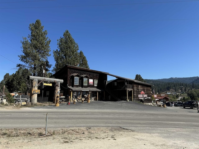 view of building exterior featuring a mountain view