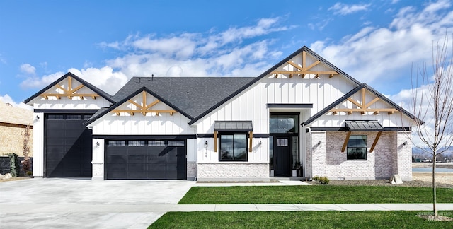 modern farmhouse with a garage, board and batten siding, roof with shingles, driveway, and brick siding