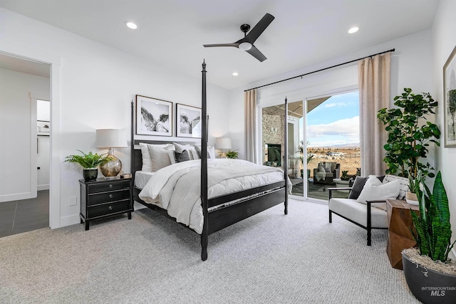 carpeted bedroom with access to exterior, recessed lighting, ceiling fan, and baseboards
