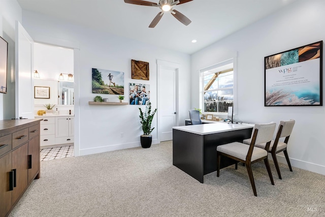 home office featuring a ceiling fan, light colored carpet, baseboards, and recessed lighting