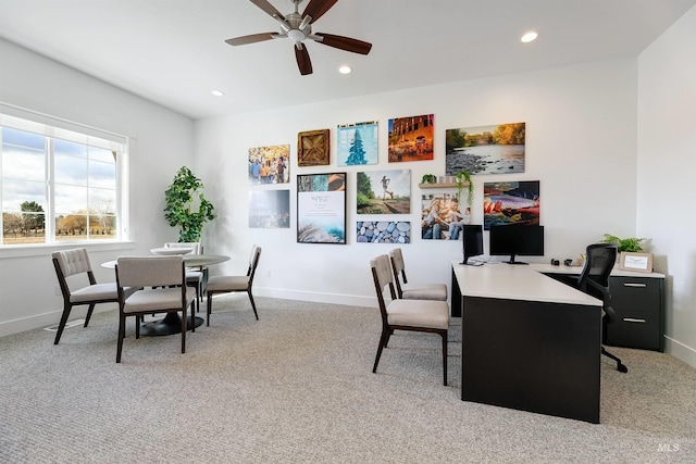office area with ceiling fan, carpet floors, baseboards, and recessed lighting