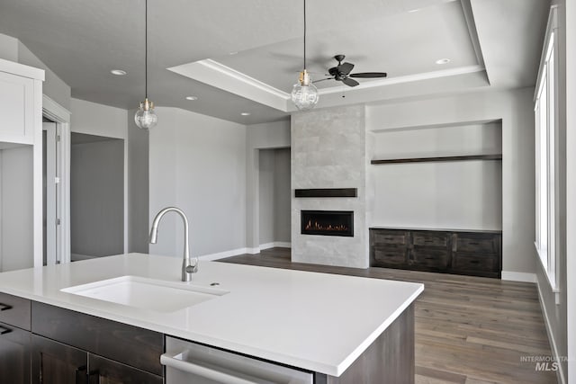 kitchen featuring dishwasher, open floor plan, wood finished floors, a tray ceiling, and a sink