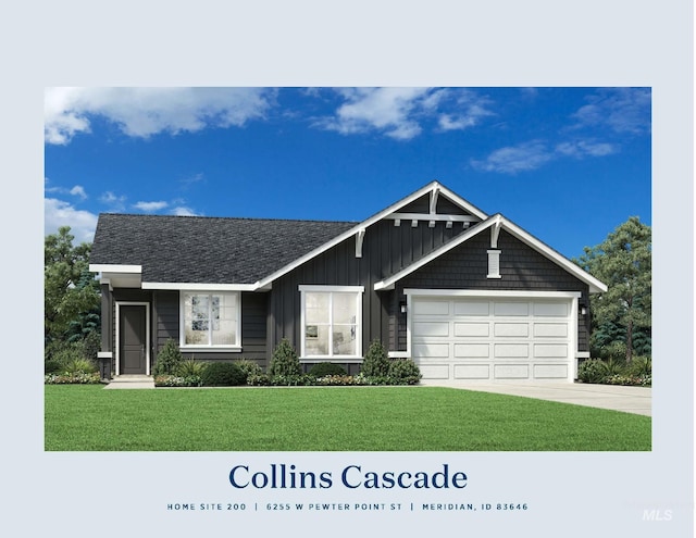 view of front of home featuring driveway, roof with shingles, a front lawn, a garage, and board and batten siding