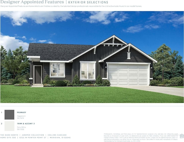 view of front of house featuring a front lawn, concrete driveway, board and batten siding, and an attached garage