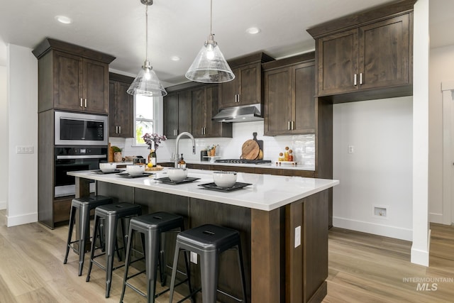 kitchen with baseboards, light wood-style flooring, stainless steel appliances, decorative backsplash, and under cabinet range hood