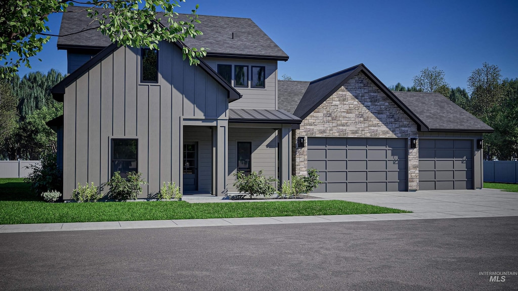 view of front of house with an attached garage, concrete driveway, stone siding, board and batten siding, and a standing seam roof