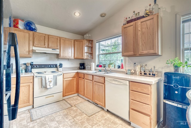 1921 Arcata Way, Ontario, OR 97914 - kitchen featuring white appliances, under cabinet range hood, light brown cabinetry, light countertops, and recessed lighting