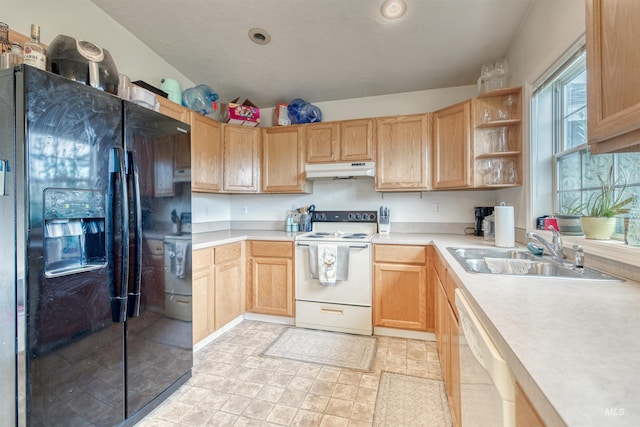 1921 Arcata Way, Ontario, OR 97914 - kitchen featuring black fridge, white range with electric stovetop, dishwasher, under cabinet range hood, and light countertops
