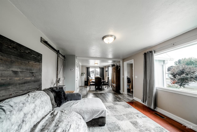 living room featuring a barn door and wood-type flooring