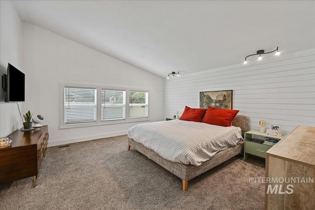 15103 Castle Way, Caldwell, ID 83607 - carpeted bedroom featuring vaulted ceiling, baseboards, and wooden walls