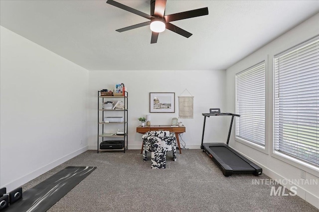 15103 Castle Way, Caldwell, ID 83607 - exercise room featuring carpet, a ceiling fan, and baseboards