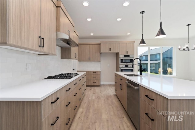 6150 S Binky Ave, Meridian, ID 83642 - kitchen featuring under cabinet range hood, appliances with stainless steel finishes, light brown cabinets, a sink, and light wood-type flooring