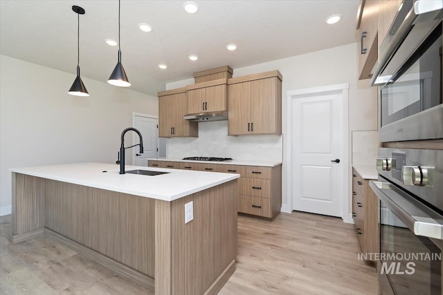 6150 S Binky Ave, Meridian, ID 83642 - kitchen with stainless steel appliances, a sink, light wood finished floors, decorative backsplash, and recessed lighting