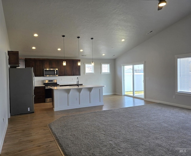 kitchen featuring open floor plan, appliances with stainless steel finishes, light countertops, and lofted ceiling