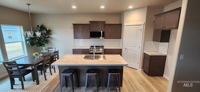 kitchen with dark brown cabinetry, stainless steel appliances, light countertops, and light wood-style floors