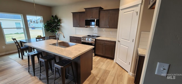 kitchen with a sink, stainless steel appliances, light wood-style floors, and decorative backsplash