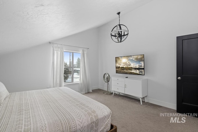 bedroom with light carpet, a textured ceiling, lofted ceiling, and a notable chandelier