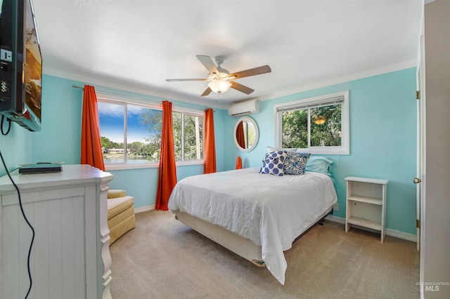 carpeted bedroom featuring an AC wall unit, multiple windows, ceiling fan, and crown molding