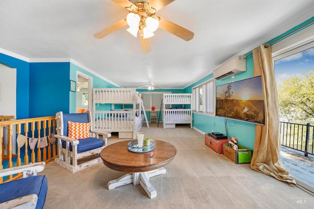 living room featuring ceiling fan, a wall mounted air conditioner, and plenty of natural light