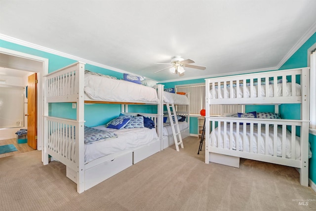 bedroom featuring light carpet, ceiling fan, and ornamental molding