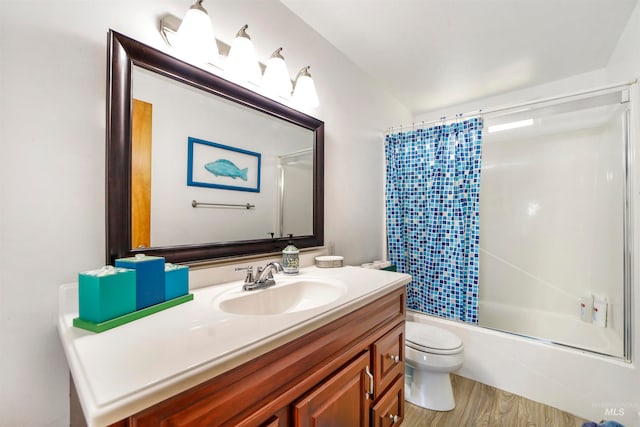 full bathroom with wood-type flooring, vanity, toilet, and shower / bath combo