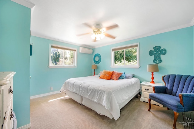 bedroom with ceiling fan, light carpet, multiple windows, and a wall unit AC