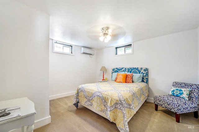 bedroom featuring ceiling fan, light colored carpet, and a wall mounted AC