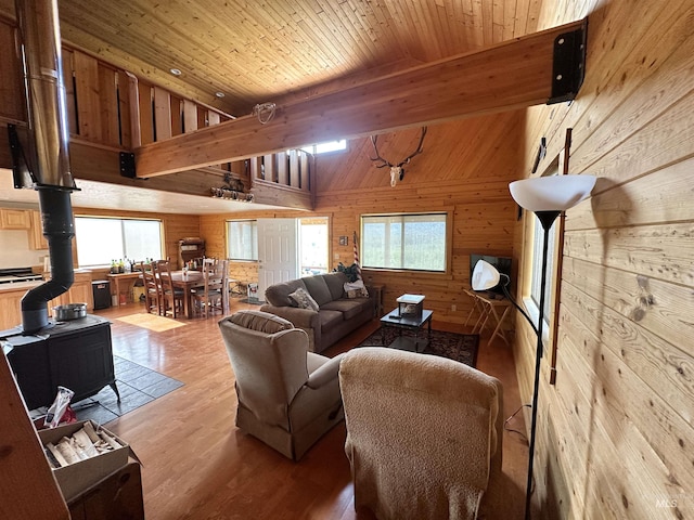 532 Warren Creek Rd, Warren, ID 83671 - living room with a wood stove, wooden walls, healthy amount of natural light, light wood-style floors, and a wood ceiling with exposed beams