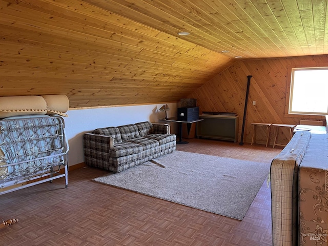 532 Warren Creek Rd, Warren, ID 83671 - living area featuring lofted ceiling, wooden ceiling, and wood walls