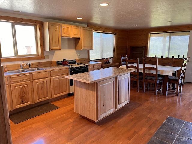 532 Warren Creek Rd, Warren, ID 83671 - kitchen featuring black range with gas stovetop, light wood-type flooring, a textured ceiling, light countertops, and recessed lighting